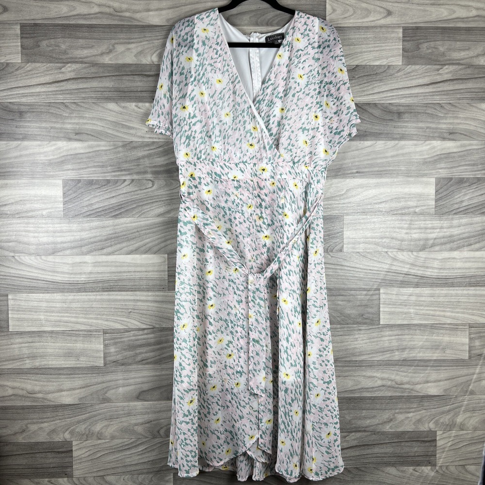 Luxology Size 14 Pink Floral V-Neck Flutter Sleeve Dress Midi Knee Length Wrap